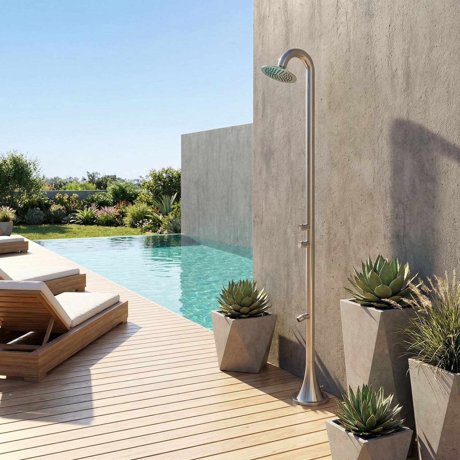 Ducha de Acero Inox 316L Satinado Doble Botón y Temporizada para Exterior