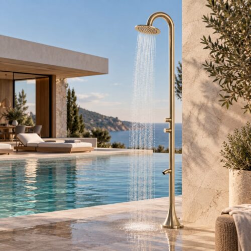 Ducha exterior temporizada oro acero inox 316L agua fría para jardín-piscina