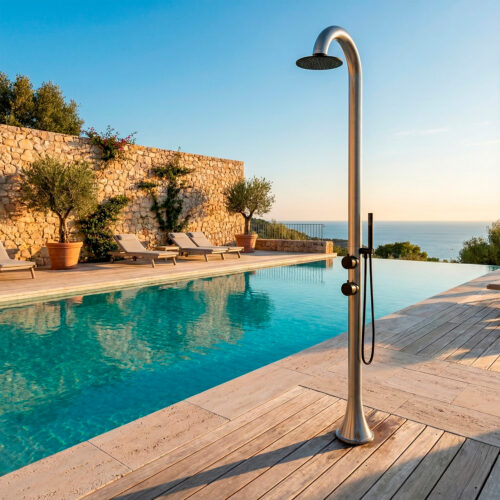Ducha para exterior en acero inoxidable 316L inox y negro con manguera flexible