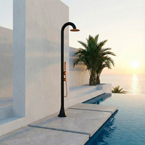 Ducha exterior negra y oro rosa en acero inoxidable 316L con doble entrada y flexible