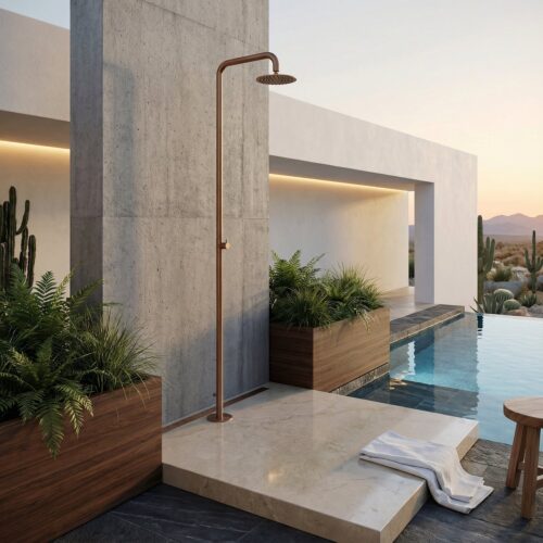Ducha exterior acero inoxidable 316L oro rosa con grifo y conexión trasera ½