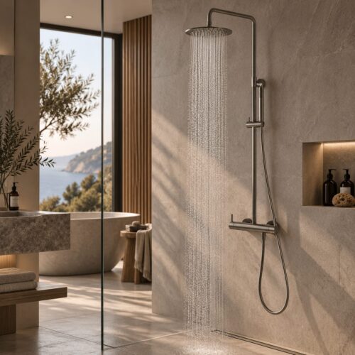 Ducha mural acero inoxidable 316L gris canón doble mezclador rociador 25 cm