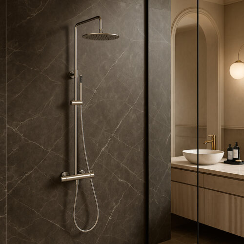 Ducha de pared en acero inox 316L color satinado con doble mezclador