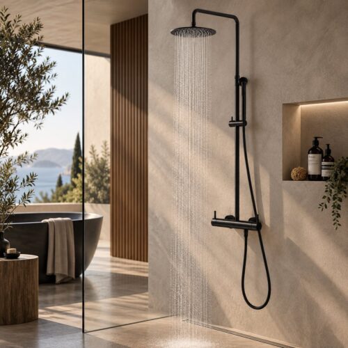 Ducha mural negra de acero inoxidable 316L con rociador y ducha de mano