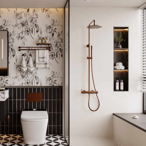 Ducha de pared en acero 316L color oro rosa para uso interno y externo