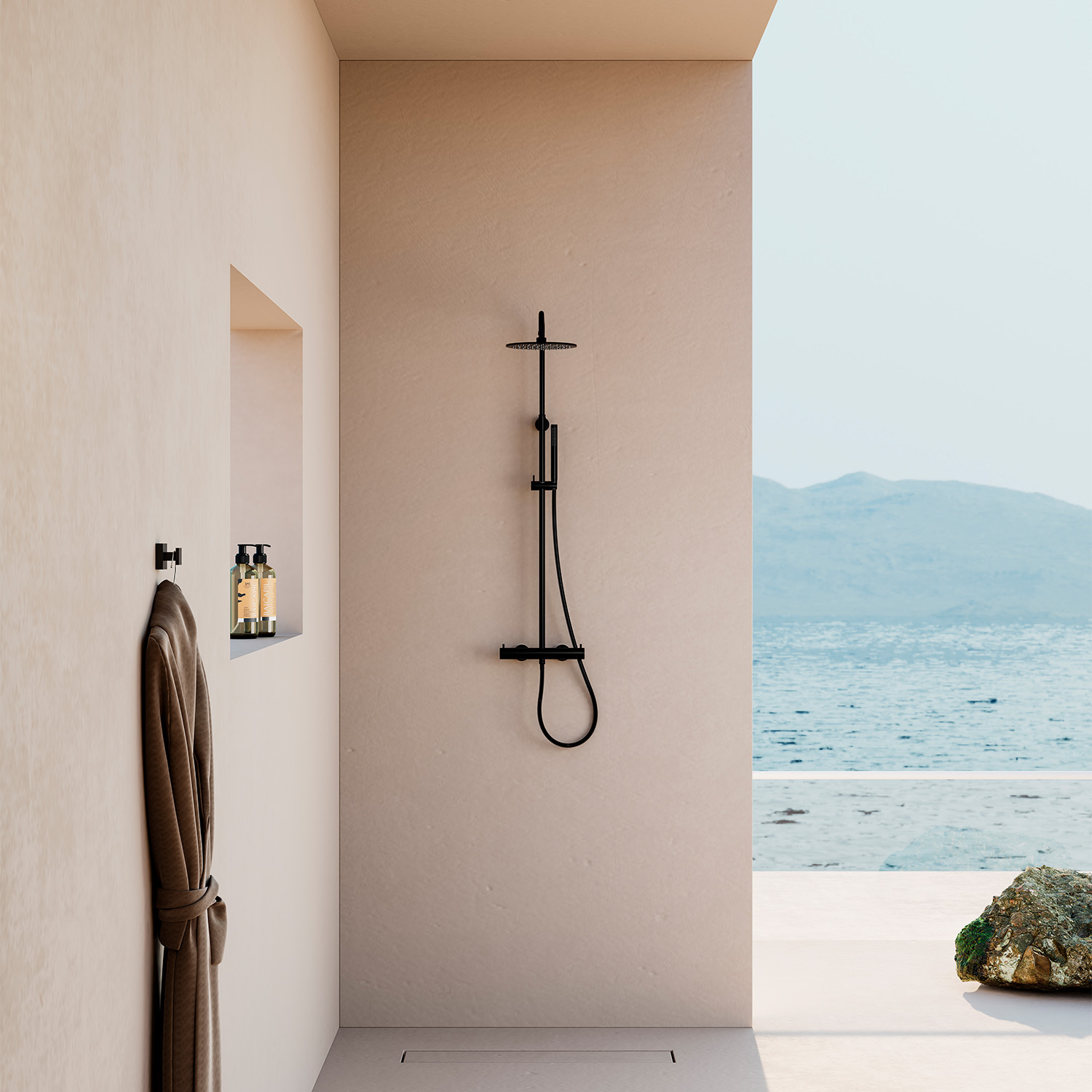 Ducha de pared negra en acero inoxidable 316L con termostato y rociador de 25 cm
