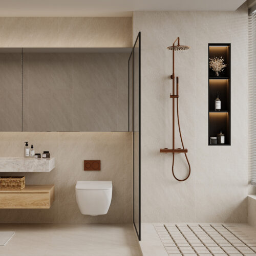 Ducha Termostática de Acero Inoxidable 316L en Oro Rosa Instalación a Pared