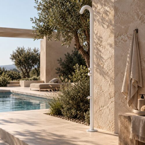 Ducha exterior blanca en acero inox 316L con mezclador y lavapies