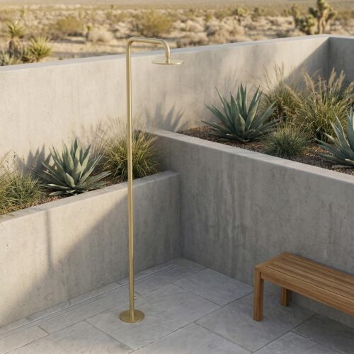 Ducha exterior oro acero inox AISI 316L agua fría rociador Ø25 cm