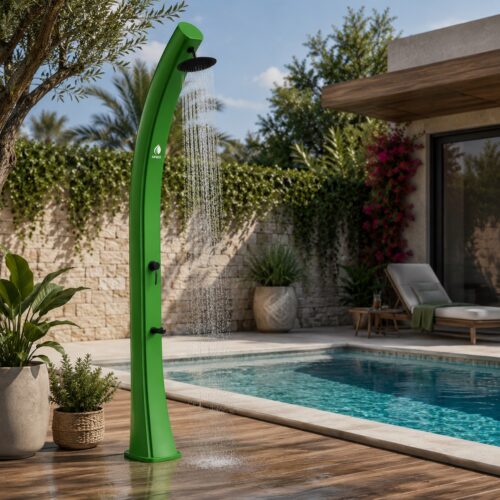 Ducha solar verde de polietileno HD 40 L cabezal Ø20 cm y grifo lavapies