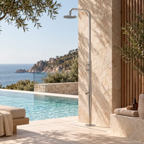 Ducha exterior color inox satinada en acero inoxidable AISI 316L resistente y duradera