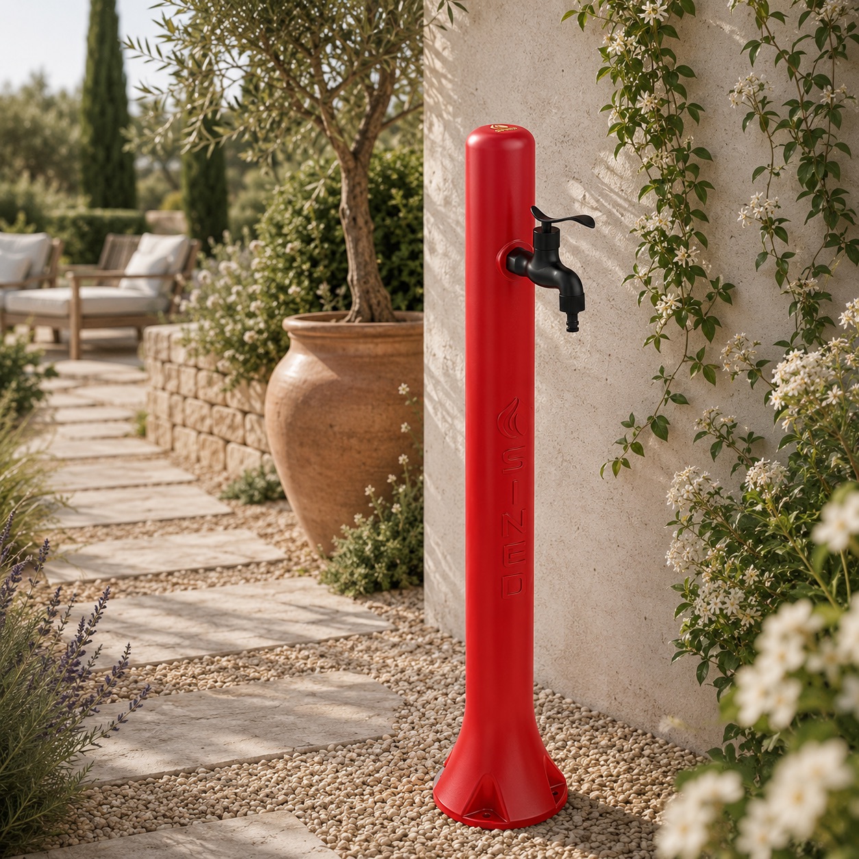 Fuente de jardín roja de polietileno HD con conexión lateral para manguera