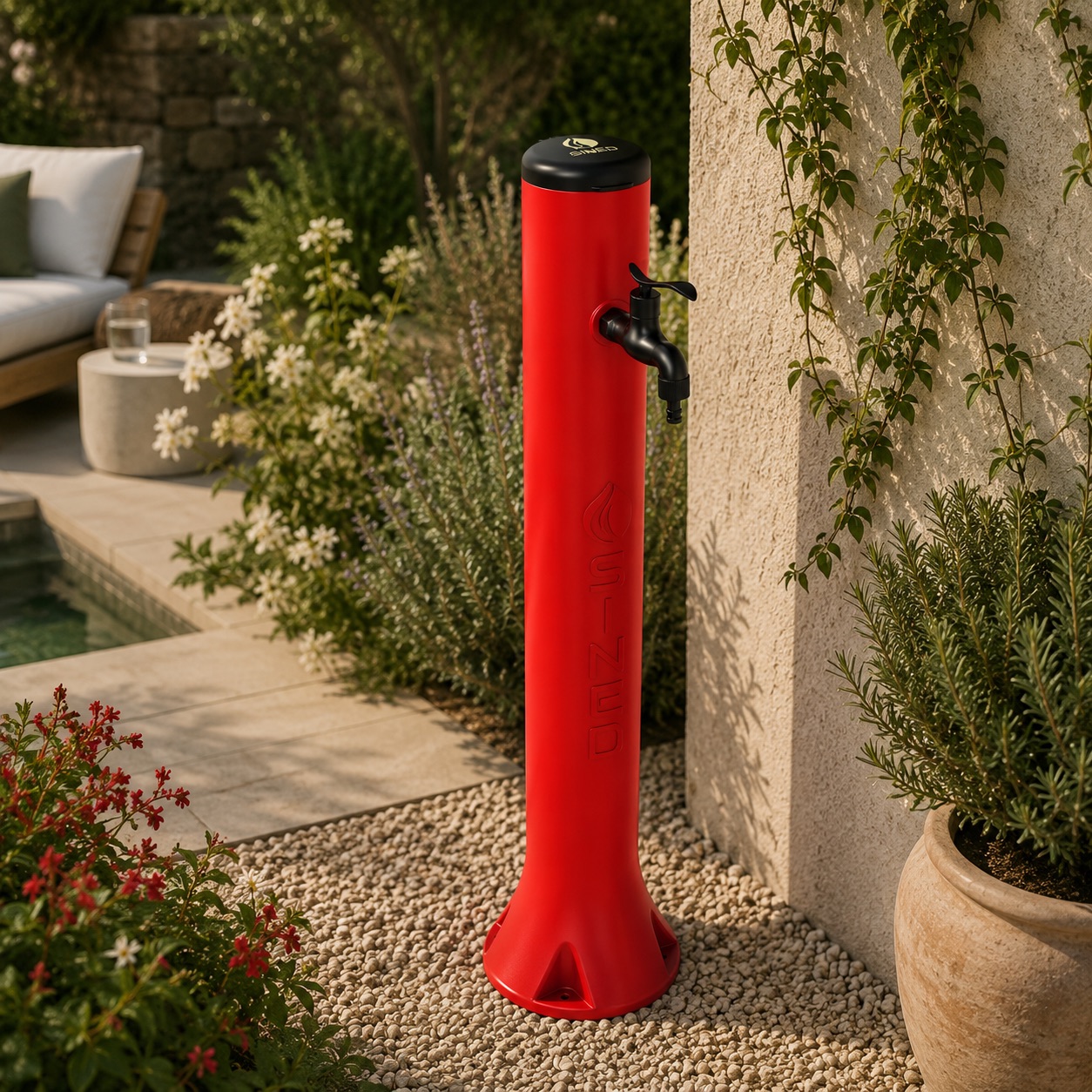 Fuente de jardín roja de polietileno HD resistente a UV y salinidad