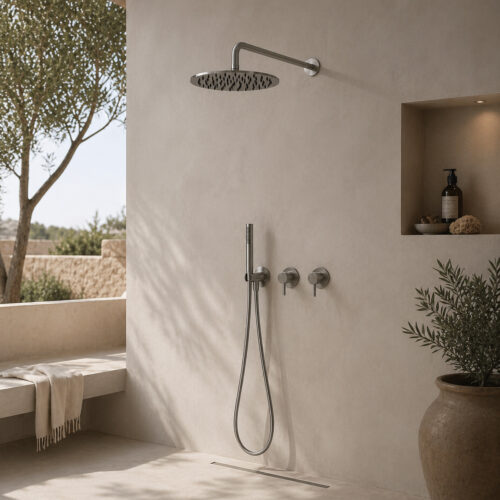 Kit ducha empotrado pared inox 316L rociador 30 cm mezclador desviador y mango