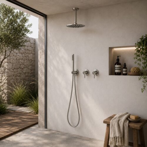 Kit de ducha empotrado pared-techo agua fría 25 cm inox plateado 316L