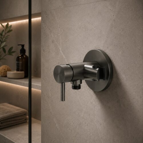 Grifo de pared para bano en acero inoxidable 316L color canna fucile con soporte ducha