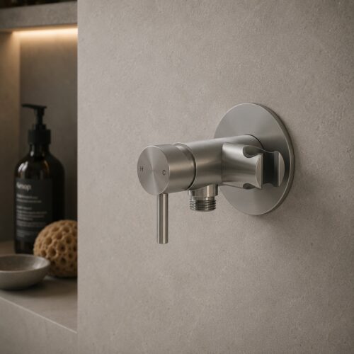 Mezclador de pared en acero 316L inox satinato con soporte para doccino