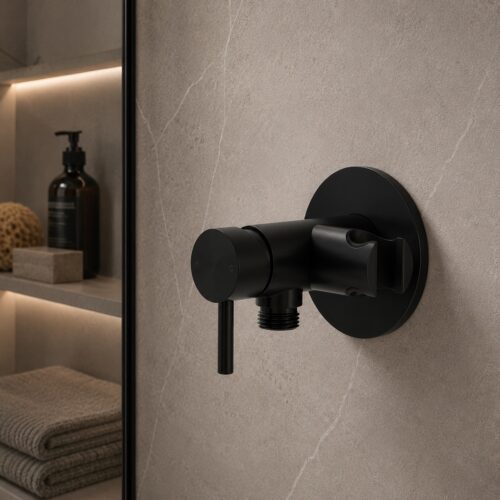 Mezclador de pared negro en acero inox 316L con soporte para ducha