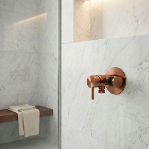 Mezclador de pared en acero inox 316L con acabado oro rosa y soporte de ducha