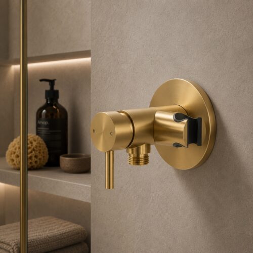 Mezclador de pared oro PVD acero inox 316L soporte para doccino
