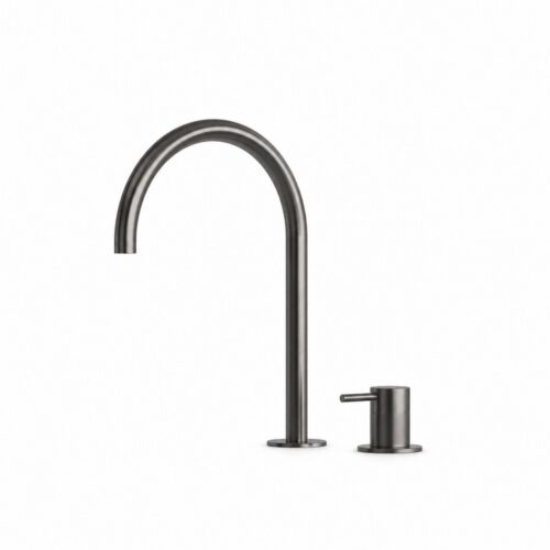 Grifo mezclador de lavabo 2 orificios acero 316L gris canón cano alto curvo