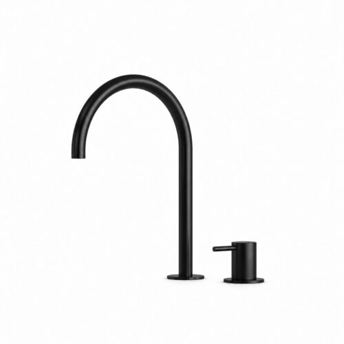 Grifo de lavabo negro acero inoxidable 316L 2 orificios y cano alto curvo