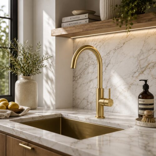 Grifo de cocina alto en acero inoxidable 316L color oro resistente y duradero