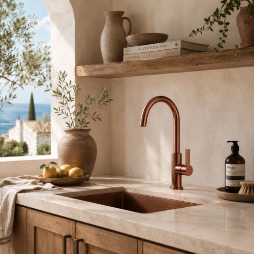 Grifo de cocina oro rosa en acero inoxidable 316L resistente a la corrosión interior y exterior