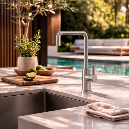 Grifo de cocina inox 316L con boca giratoria y ducha flexible de 45 cm