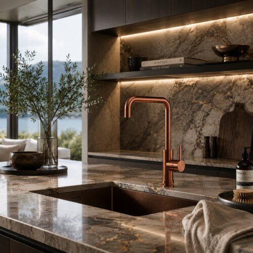 Grifo de cocina en acero inox 316L oro rosa con boquilla giratoria y ducha flexible