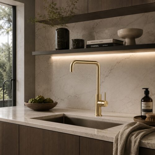 Grifo de cocina en acero inoxidable 316L color oro resistente y anticorrosión