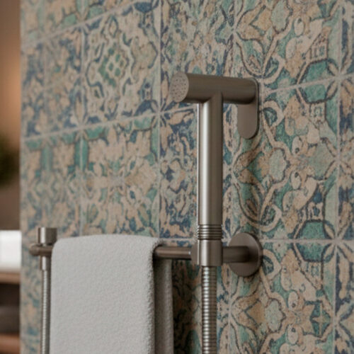 Doccetta bidet acero inoxidable 316L inox satinato con chorro a pulsador y conexión universal