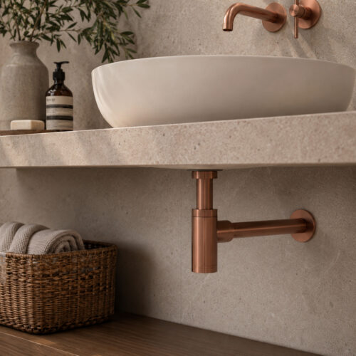 Sifón de desagüe para lavabo oro rosa acero inoxidable 316L PVD
