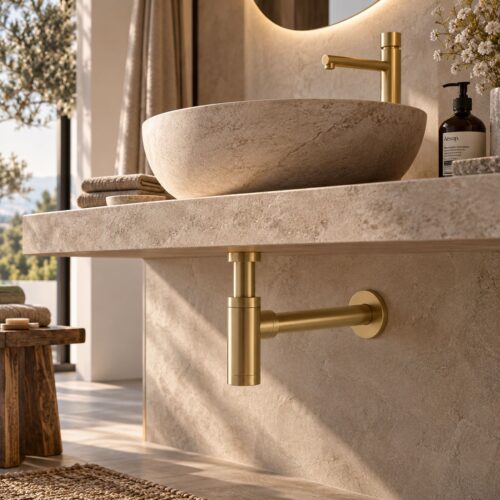 Sifón de desagüe para lavabo en acero inoxidable 316L dorado PVD