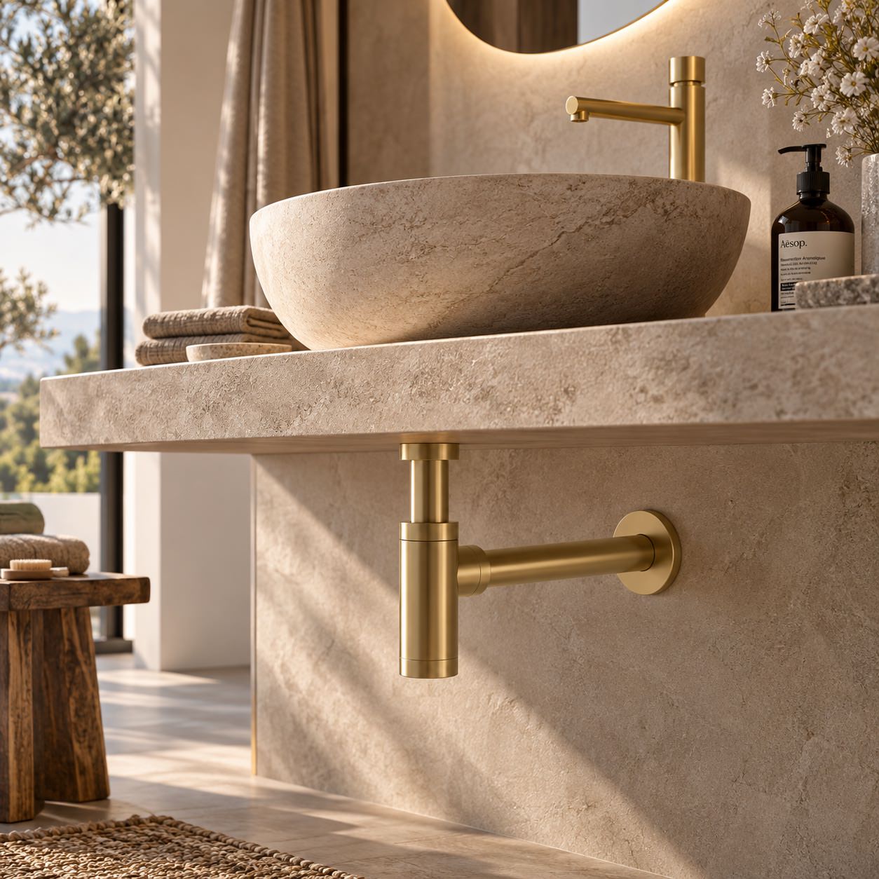 Sifón de desagüe para lavabo en acero inoxidable 316L dorado PVD