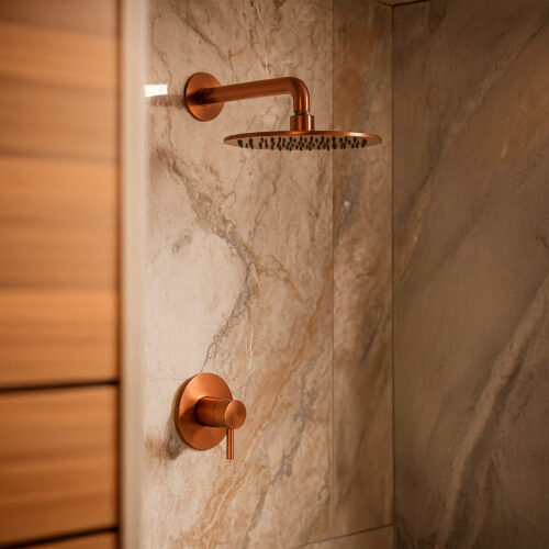 Soffione de ducha redondo oro rosa en acero inoxidable 316L resistente y para interior-exterior